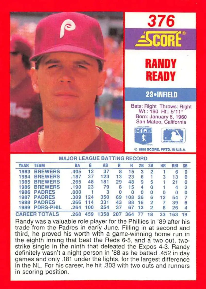 1990 Score #376 Randy Ready EX Excellent Philadelphia Phillies Baseball Card - Baseball Card Single