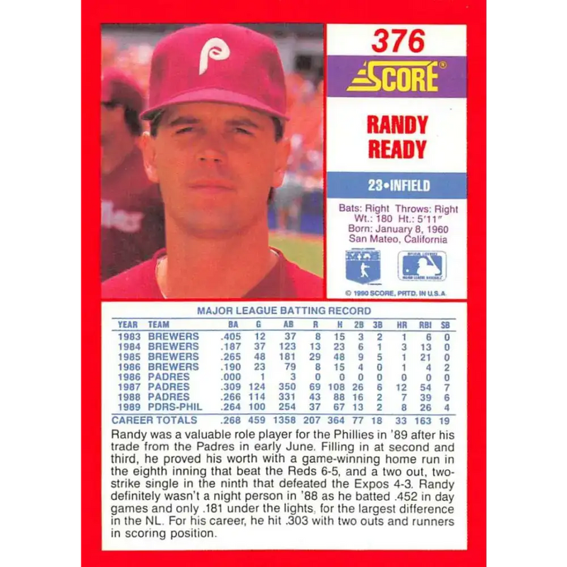 1990 Score #376 Randy Ready NM-MT Philadelphia Phillies Baseball Card - Baseball Card Single