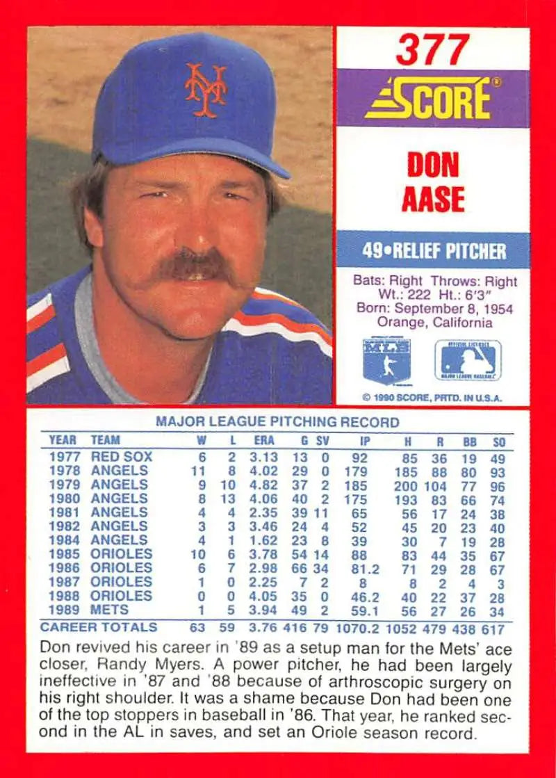 1990 Score #377 Don Aase EX Excellent New York Mets Baseball Card - Baseball Card Single