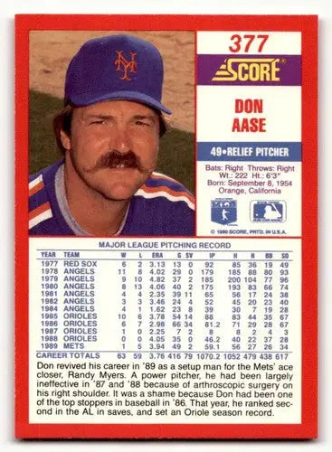 Original gloss Don Aase baseball card from 1990 Score #377 showcasing Simply Sandoval