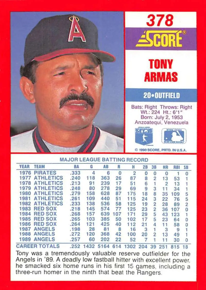 1990 Score #378 Tony Armas EX Excellent California Angels Baseball Card - Baseball Card Single