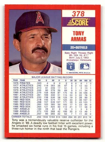 Original gloss Tony Armas baseball card from 1990 Score #378 featuring Simply Sandoval