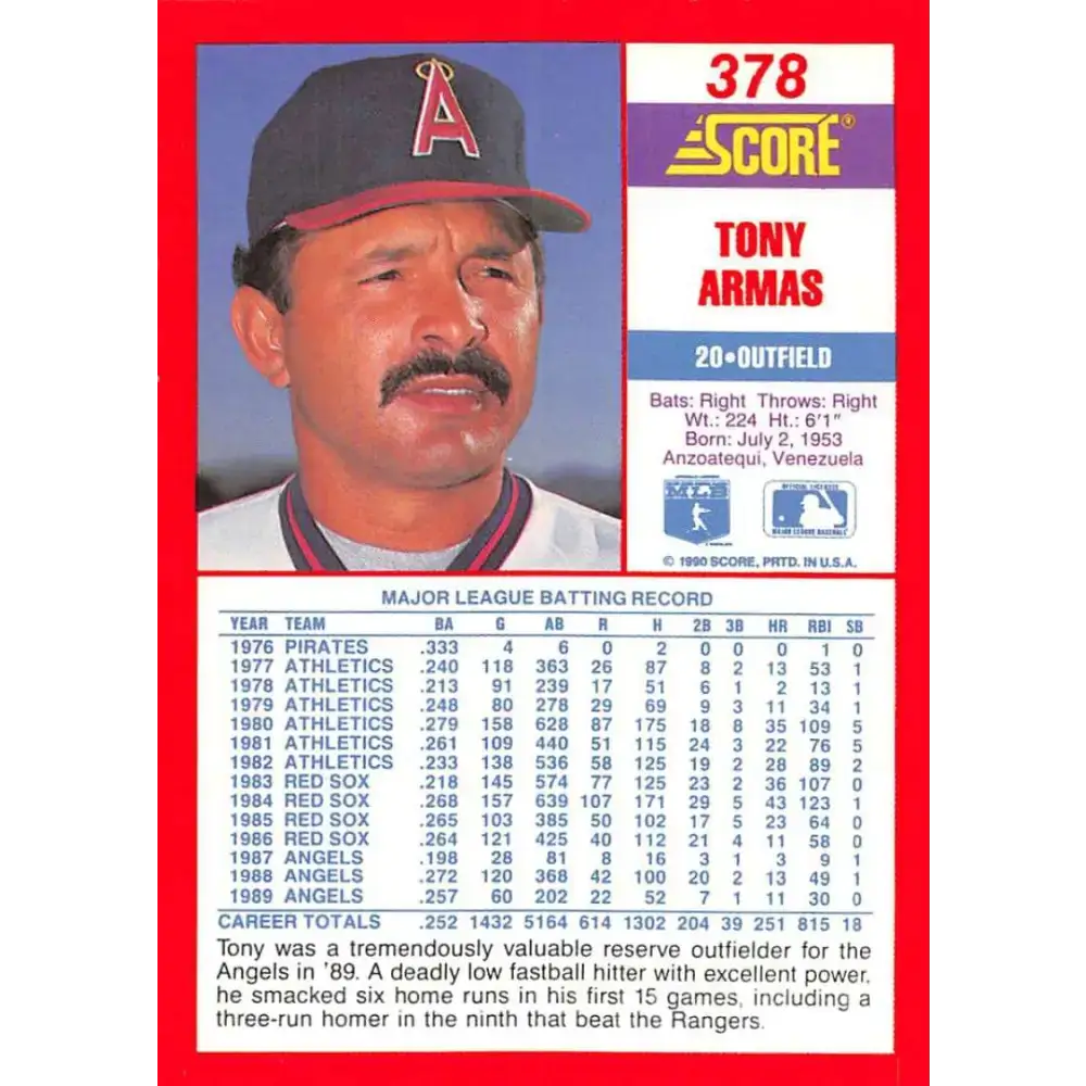 1990 Score #378 Tony Armas NM-MT California Angels Baseball Card - Baseball Card Single