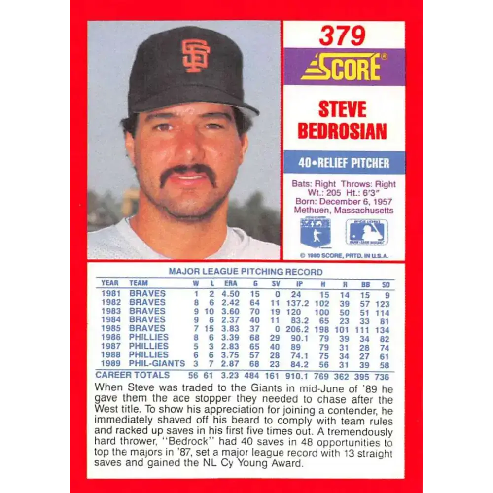 1990 Score #379 Steve Bedrosian NM-MT San Francisco Giants Baseball Card - Baseball Card Single
