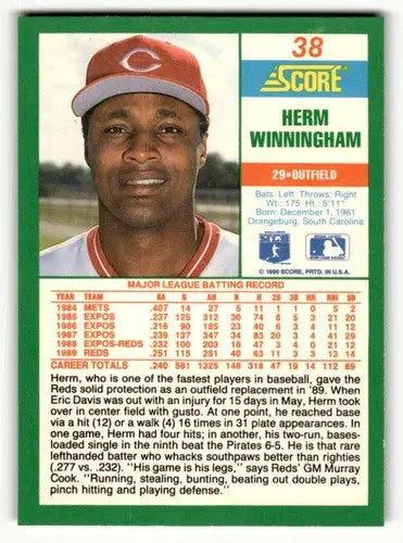 Original gloss Herm Winningham Cincinnati Reds baseball card from 1990 Score series