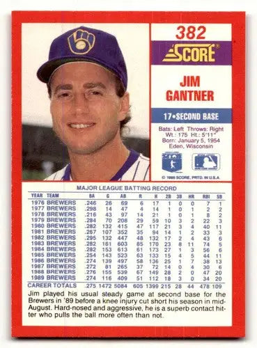 Original gloss Jim Gantner baseball card from 1990 Score #382 Simply Sandoval