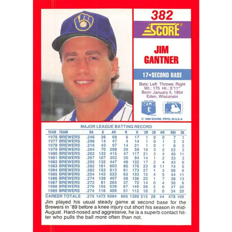 1990 Score #382 Jim Gantner NM-MT Milwaukee Brewers Baseball Card - Baseball Card Single