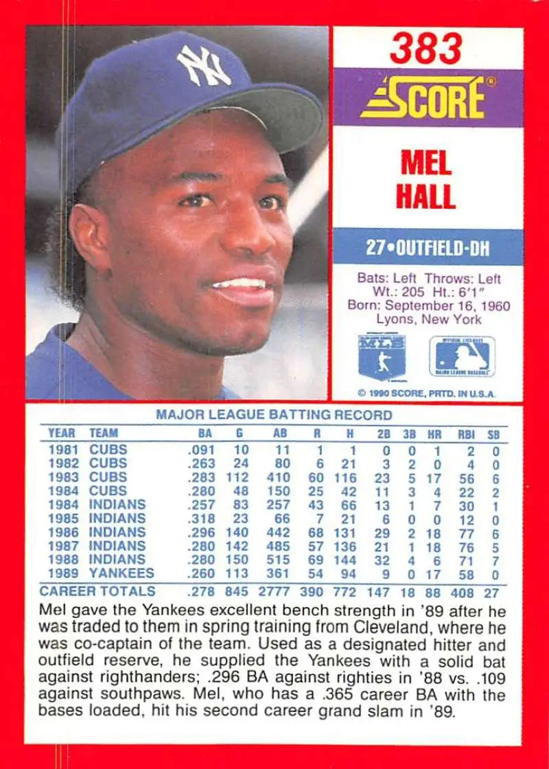 1990 Score #383 Mel Hall EX Excellent New York Yankees Baseball Card - Baseball Card Single