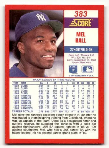Original gloss Mel Hall baseball card from 1990 Score #383 displayed in Simply Sandoval shop