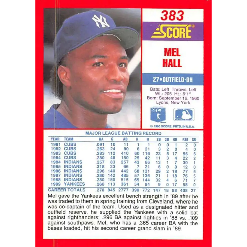 1990 Score #383 Mel Hall NM-MT New York Yankees Baseball Card - Baseball Card Single