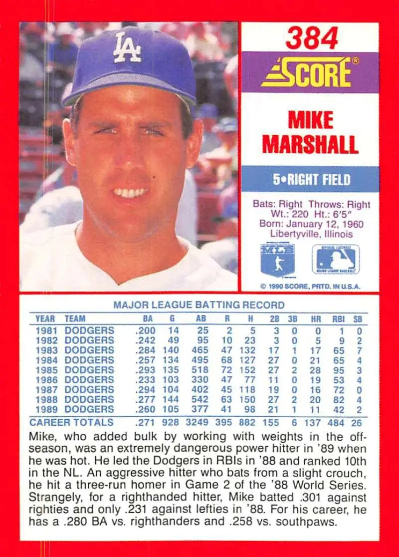 1990 Score #384 Mike Marshall EX Excellent Los Angeles Dodgers Baseball Card - Baseball Card Single