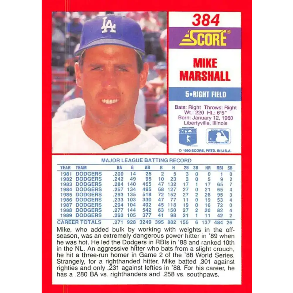 1990 Score #384 Mike Marshall NM-MT Los Angeles Dodgers Baseball Card - Baseball Card Single