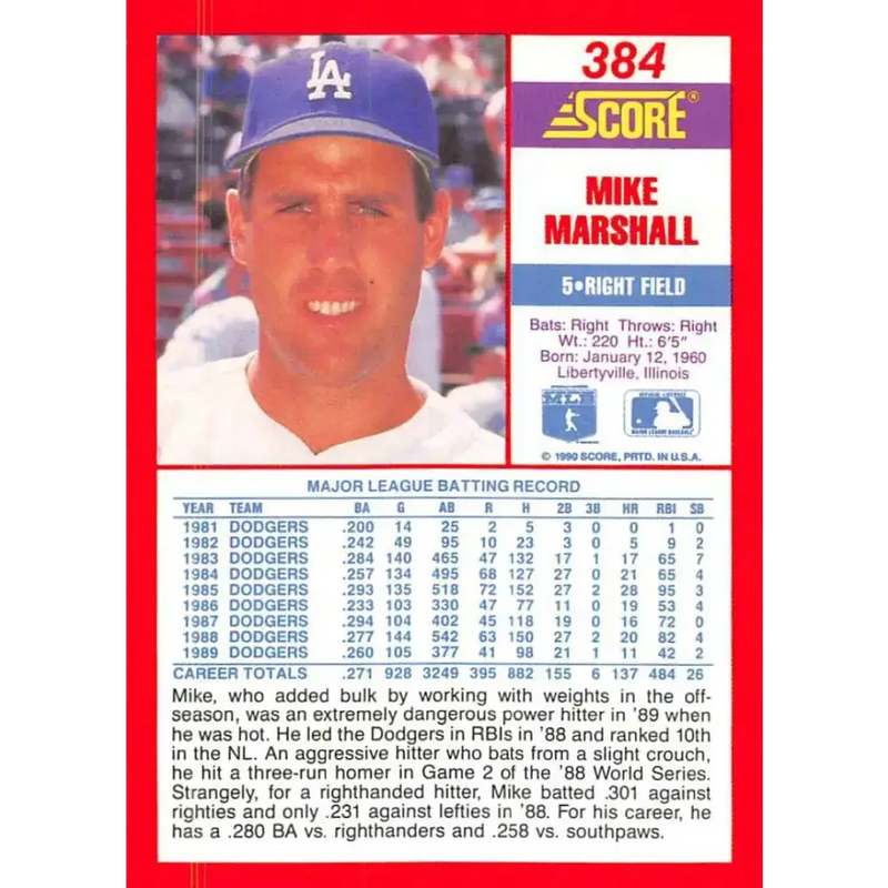 1990 Score #384 Mike Marshall NM-MT Los Angeles Dodgers Baseball Card - Baseball Card Single
