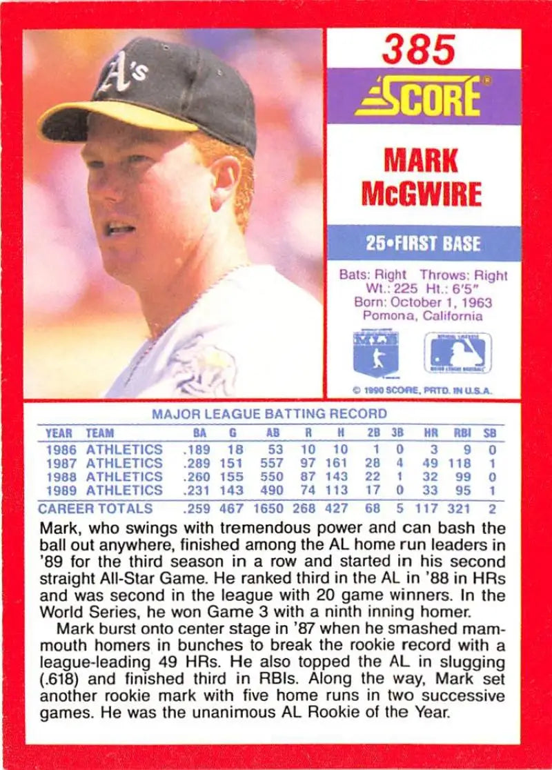 1990 Score #385 Mark McGwire EX Excellent Oakland Athletics Baseball Card - Baseball Card Single