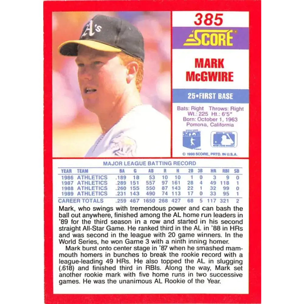 1990 Score #385 Mark McGwire NM-MT Oakland Athletics Baseball Card - Baseball Card Single