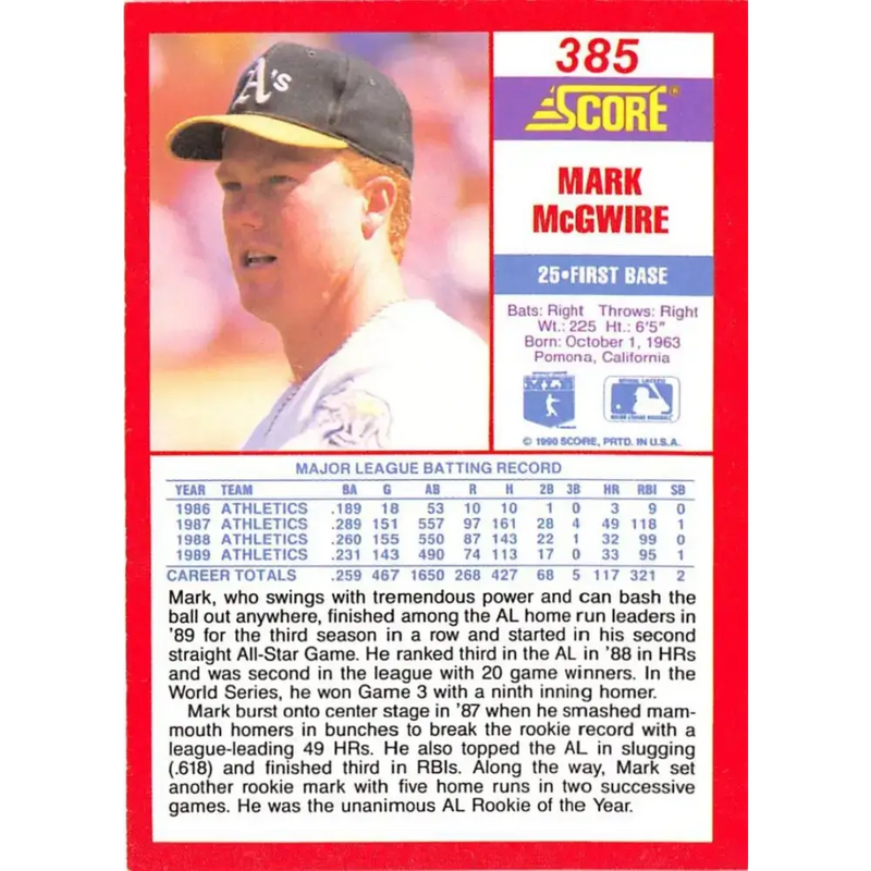 1990 Score #385 Mark McGwire NM-MT Oakland Athletics Baseball Card - Baseball Card Single