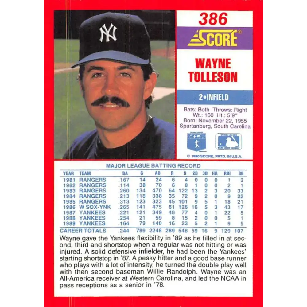 1990 Score #386 Wayne Tolleson NM-MT New York Yankees Baseball Card - Baseball Card Single