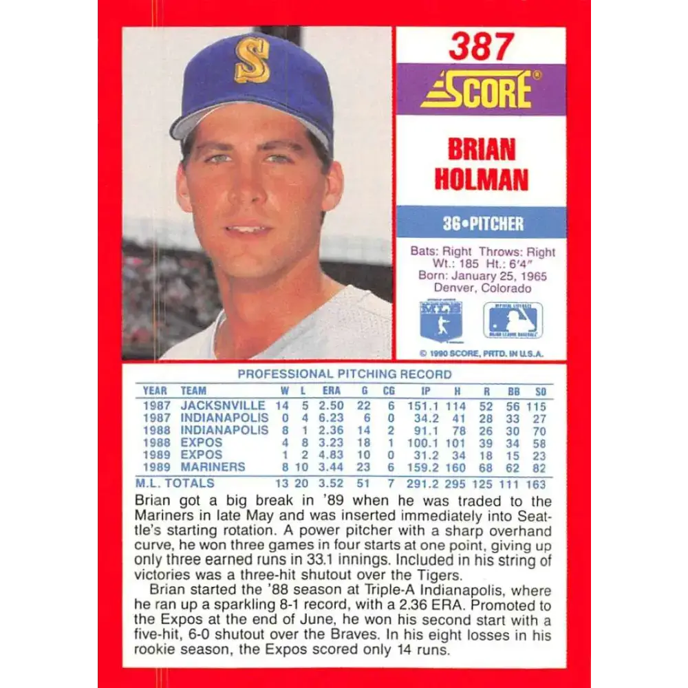 1990 Score #387 Brian Holman NM-MT Seattle Mariners Baseball Card - Baseball Card Single
