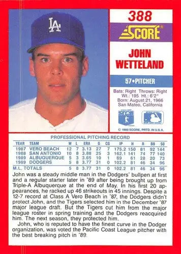 1990 Score #388 John Wetteland NM-MT Dodgers - Baseball Card Single