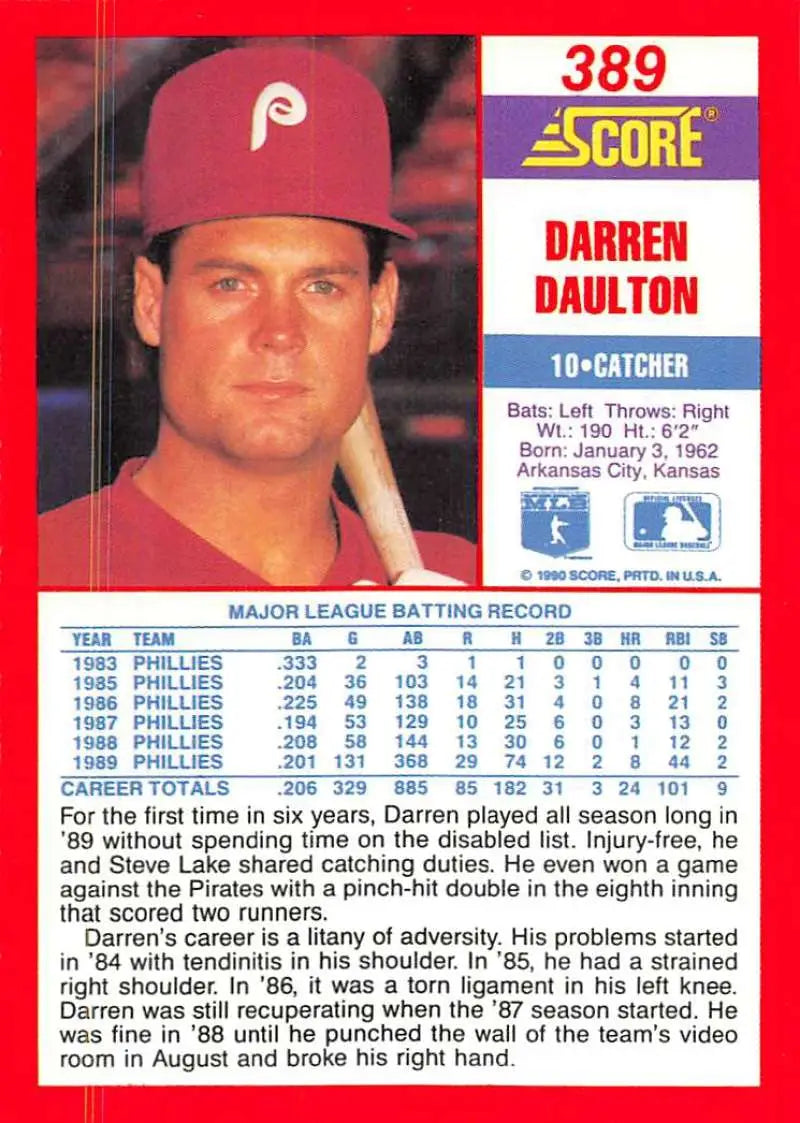 1990 Score #389 Darren Daulton EX Excellent Philadelphia Phillies Baseball Card - Baseball Card Single