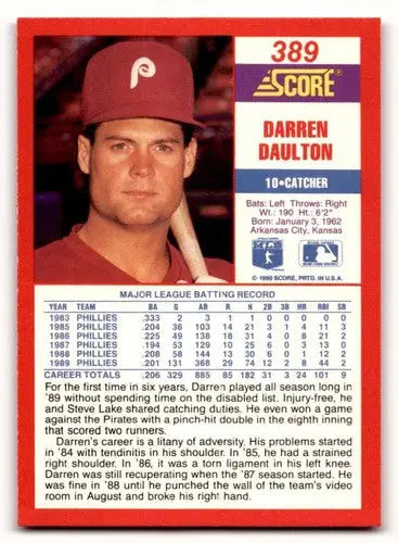 Original gloss Darren Daulton baseball card from 1990 Score #389 featuring Simply Sandoval