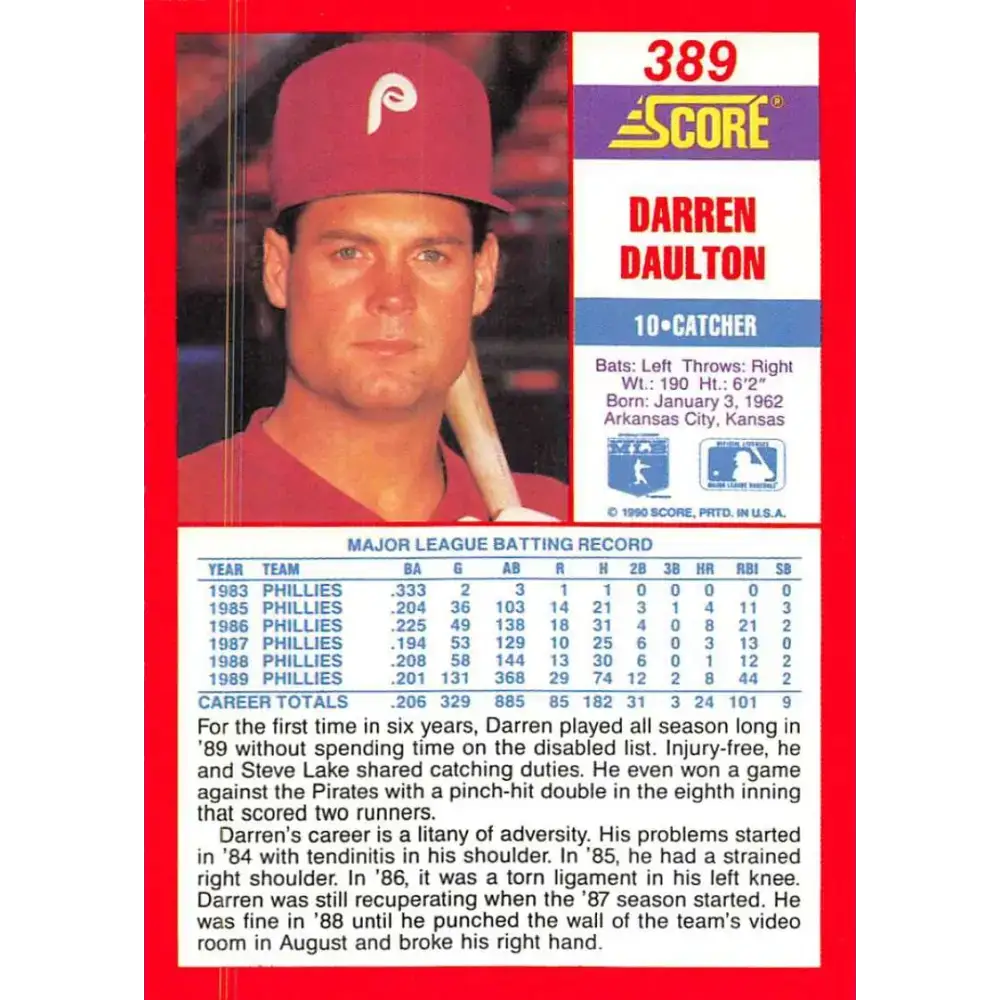 1990 Score #389 Darren Daulton NM-MT Philadelphia Phillies Baseball Card - Baseball Card Single