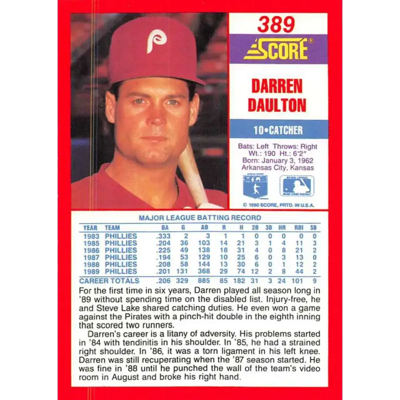 1990 Score #389 Darren Daulton NM-MT Philadelphia Phillies Baseball Card - Baseball Card Single