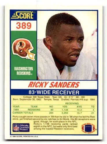 Ricky Sanders Washington football card from 1990 Score #389 featuring Sanders Washington Redskins
