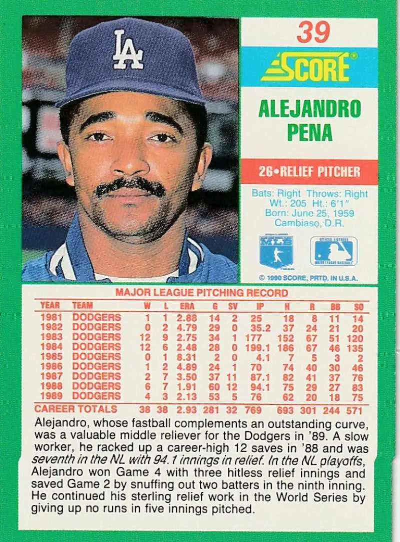 1990 Score #39 Alejandro Pena EX Excellent Los Angeles Dodgers Baseball Card - Baseball Card Single