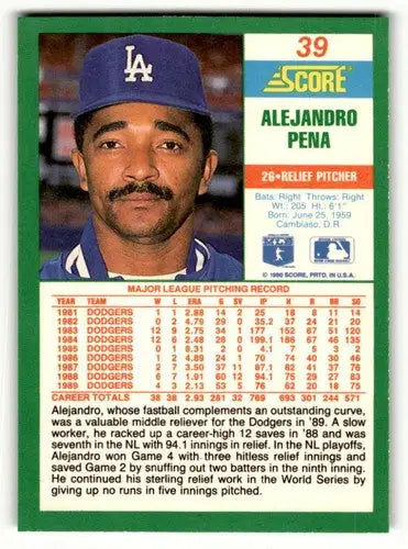 Original gloss Alejandro Pena Los Angeles Dodgers baseball card 1990 Score #39