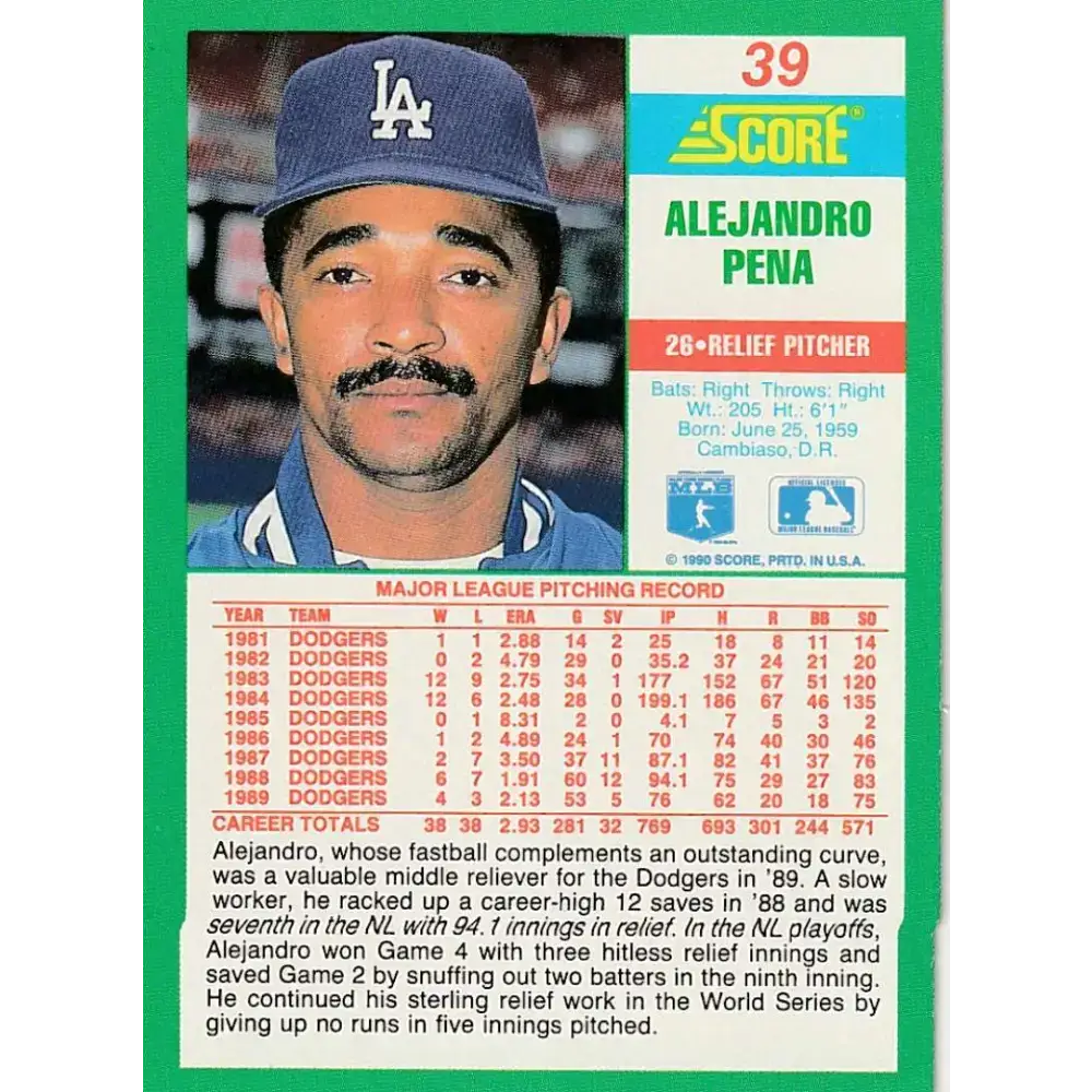 1990 Score #39 Alejandro Pena NM-MT Los Angeles Dodgers Baseball Card - Baseball Card Single