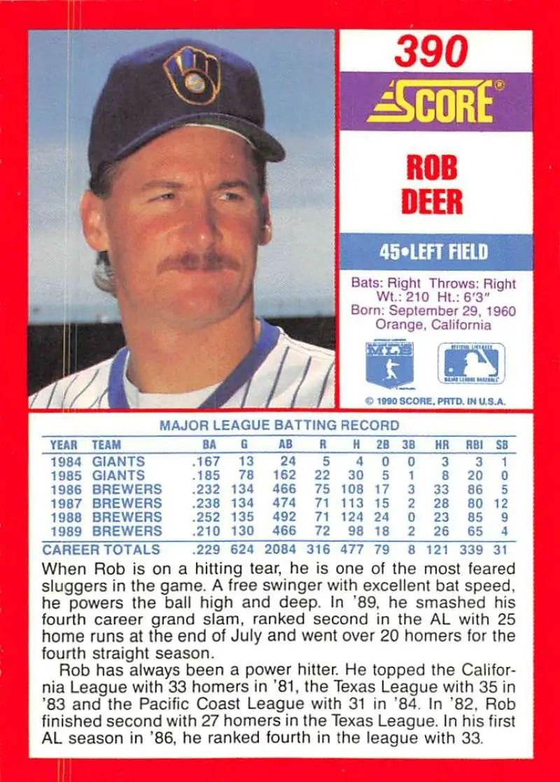 1990 Score #390 Rob Deer EX Excellent Milwaukee Brewers Baseball Card - Baseball Card Single