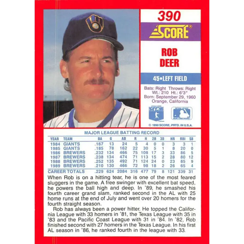 1990 Score #390 Rob Deer NM-MT Milwaukee Brewers Baseball Card - Baseball Card Single