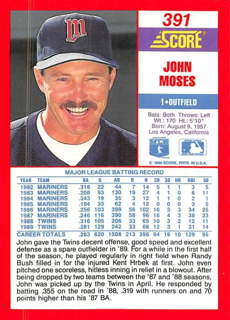 1990 Score #391 John Moses EX Excellent Minnesota Twins Baseball Card - Baseball Card Single
