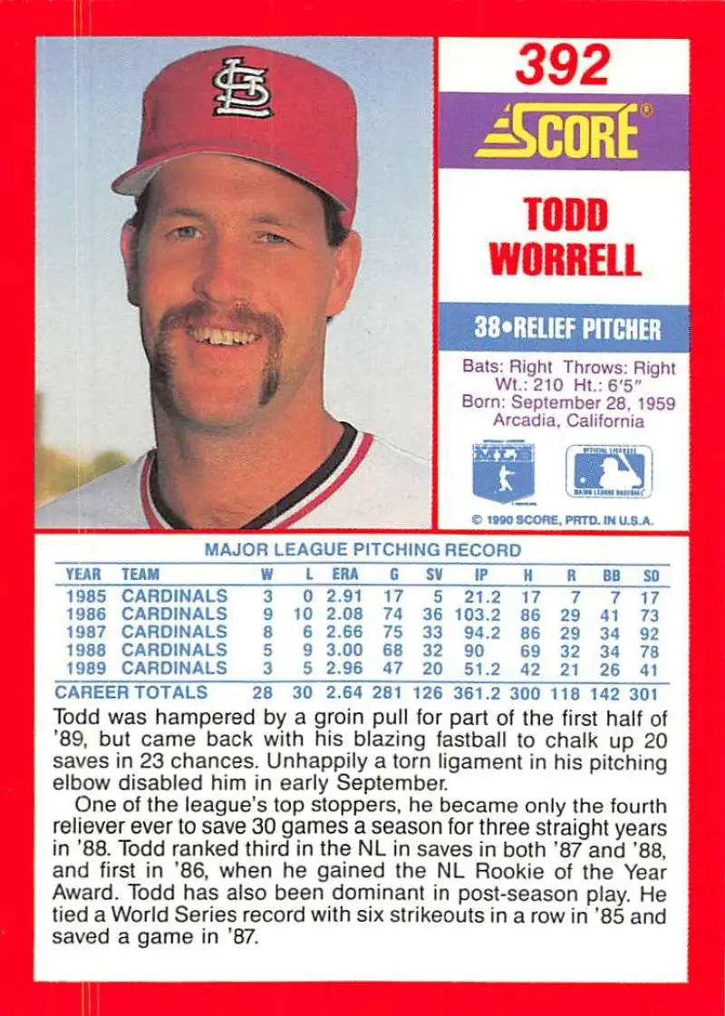 1990 Score #392 Todd Worrell EX Excellent St. Louis Cardinals Baseball Card - Baseball Card Single
