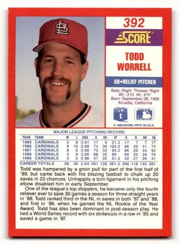 Original gloss Todd Worrell baseball card from 1990 Score #392 featuring Todd Worrell