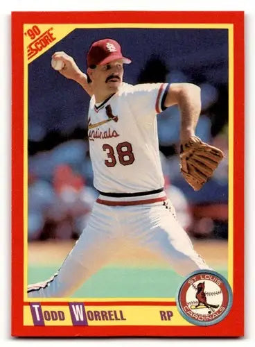 Original gloss Todd Worrell baseball card from 1990 Score #392 featuring Simply Sandoval