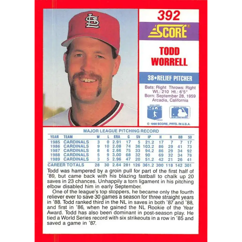 1990 Score #392 Todd Worrell NM-MT St. Louis Cardinals Baseball Card - Baseball Card Single