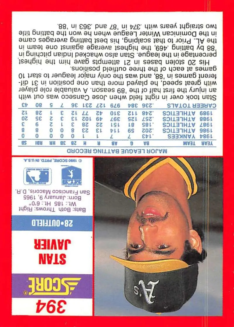 1990 Score #394 Stan Javier EX Excellent Oakland Athletics Baseball Card - Baseball Card Single
