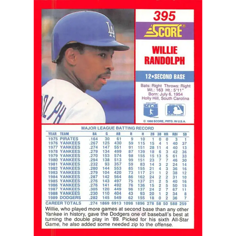 1990 Score #395 Willie Randolph NM-MT Los Angeles Dodgers Baseball Card - Baseball Card Single