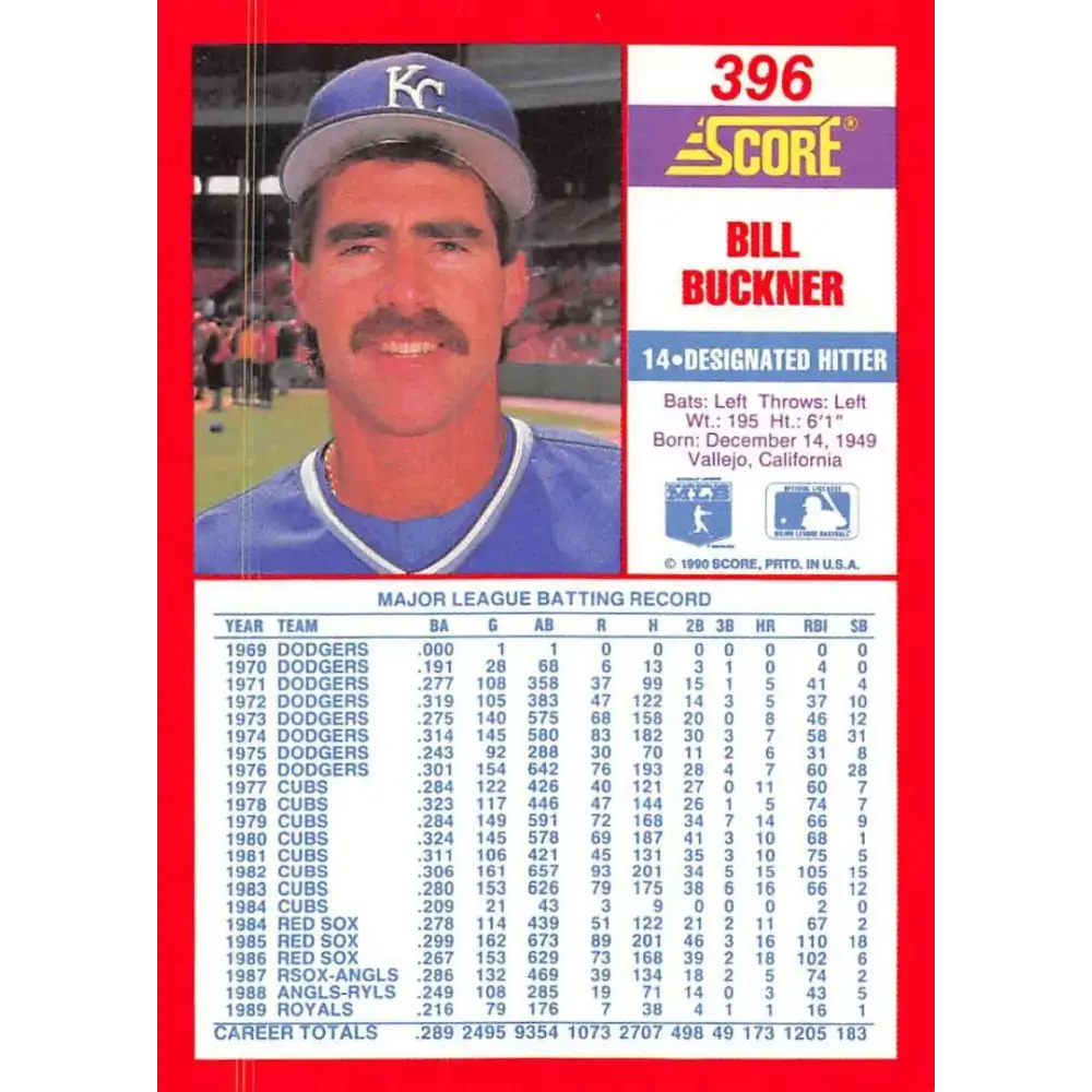 1990 Score #396 Bill Buckner NM-MT Kansas City Royals Baseball Card - Baseball Card Single