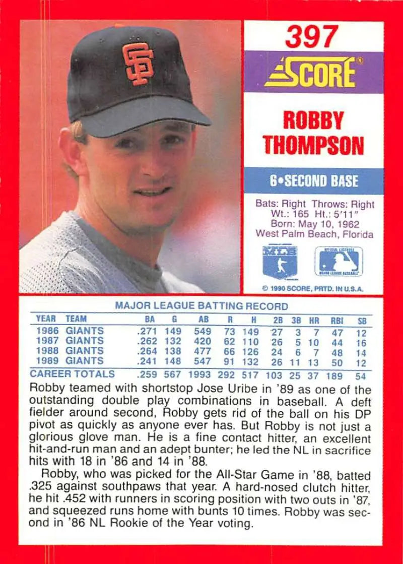 1990 Score #397 Robby Thompson EX Excellent San Francisco Giants Baseball Card - Baseball Card Single