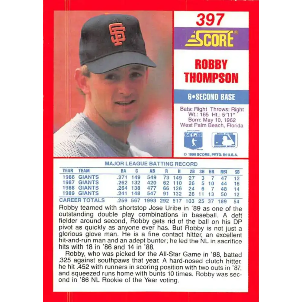 1990 Score #397 Robby Thompson NM-MT San Francisco Giants Baseball Card - Baseball Card Single