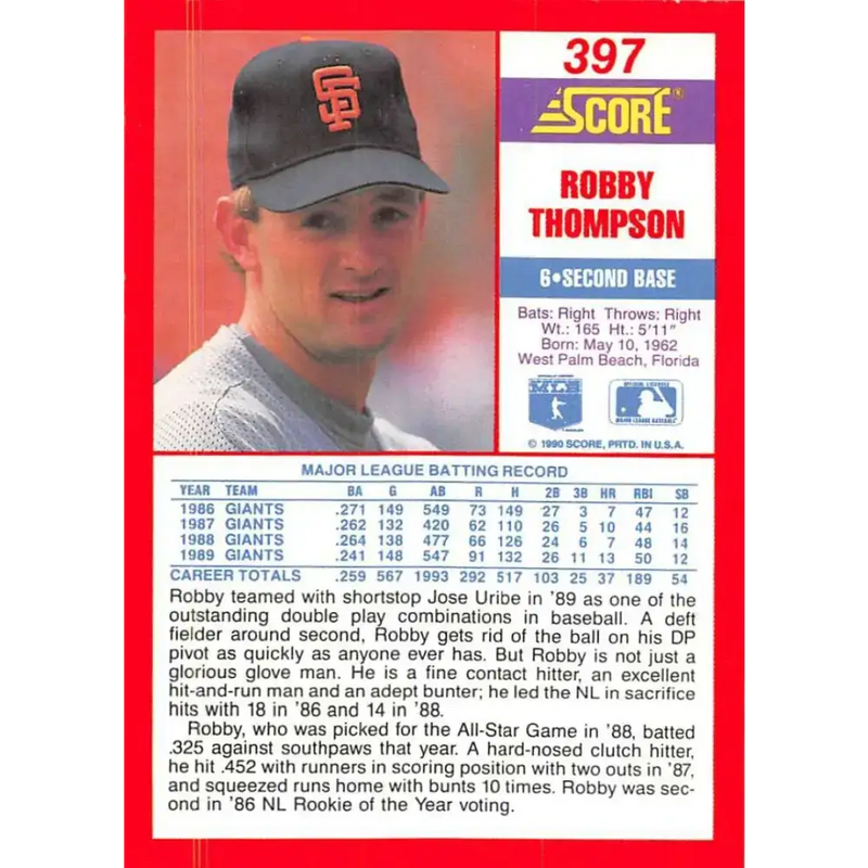 1990 Score #397 Robby Thompson NM-MT San Francisco Giants Baseball Card - Baseball Card Single