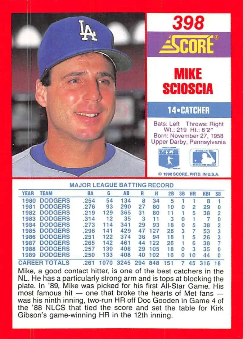 1990 Score #398 Mike Scioscia EX Excellent Los Angeles Dodgers Baseball Card - Baseball Card Single
