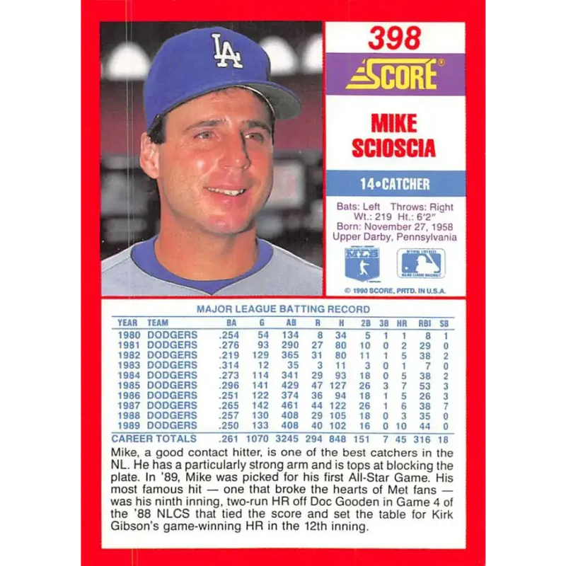 1990 Score #398 Mike Scioscia NM-MT Los Angeles Dodgers Baseball Card - Baseball Card Single