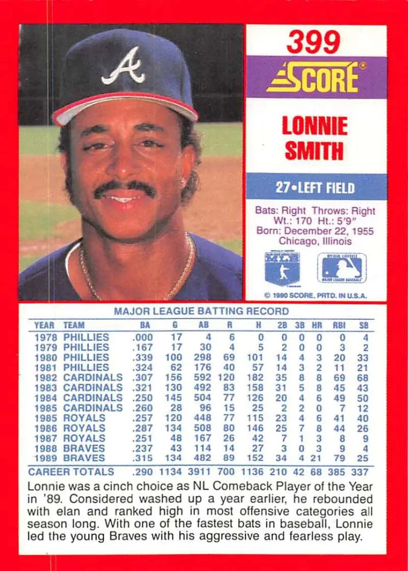 1990 Score #399 Lonnie Smith EX Excellent Atlanta Braves Baseball Card - Baseball Card Single