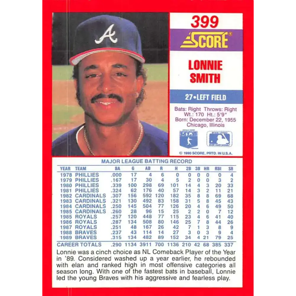 1990 Score #399 Lonnie Smith NM-MT Atlanta Braves Baseball Card - Baseball Card Single