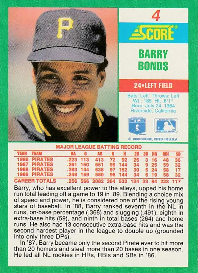 1990 Score #4 Barry Bonds EX Excellent Pittsburgh Pirates Baseball Card - Baseball Card Single