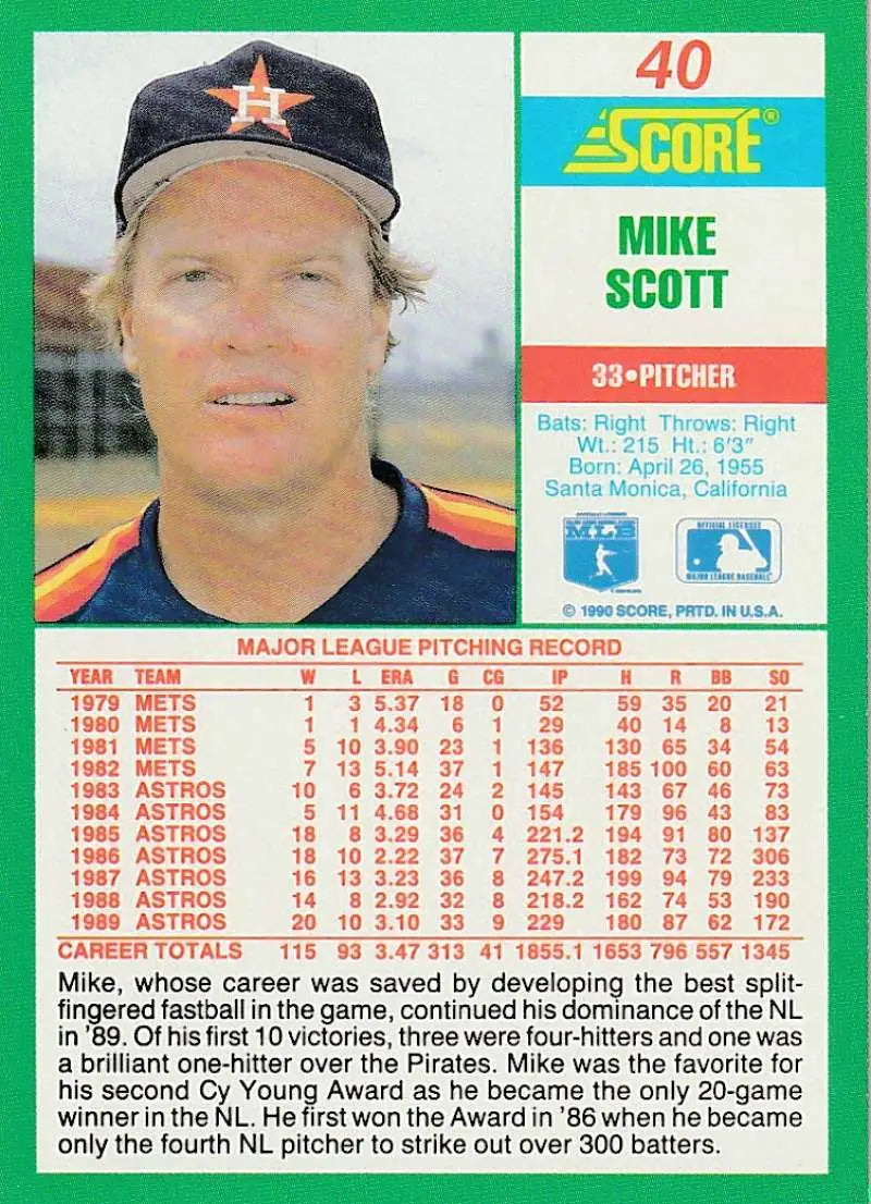 1990 Score #40 Mike Scott EX Excellent Houston Astros Baseball Card - Baseball Card Single